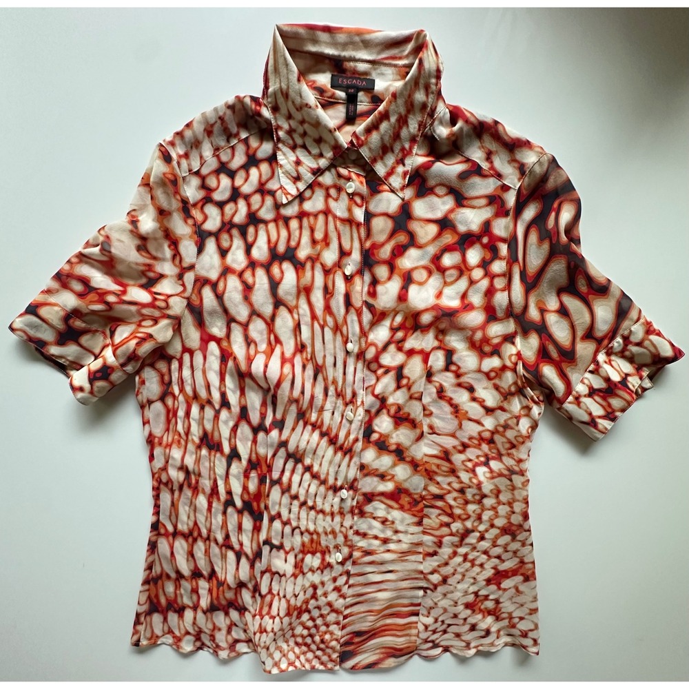 Escada Silk Abstract Geometric Print Short Sleeve Blouse Orange Cream Size 38
